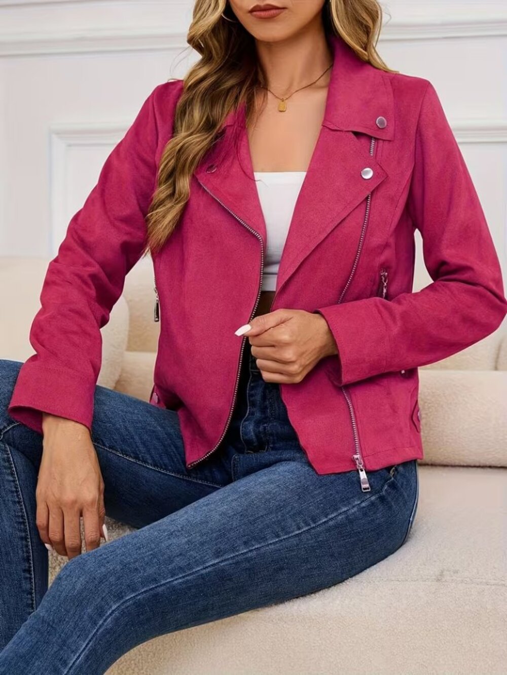 Women's Faux Suede Jacket - Hot Pink